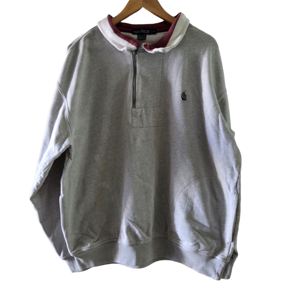 Vintage 90s Nautica Mens 100% Cotton Gray Distressed Quarter Zip Sweater L